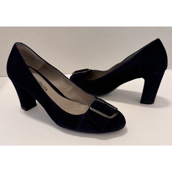 Aquatalia Sacchetto Blue Suede Pumps Size 7M Silver Buckle/Toe 3" Heel EUC - Picture 8 of 9